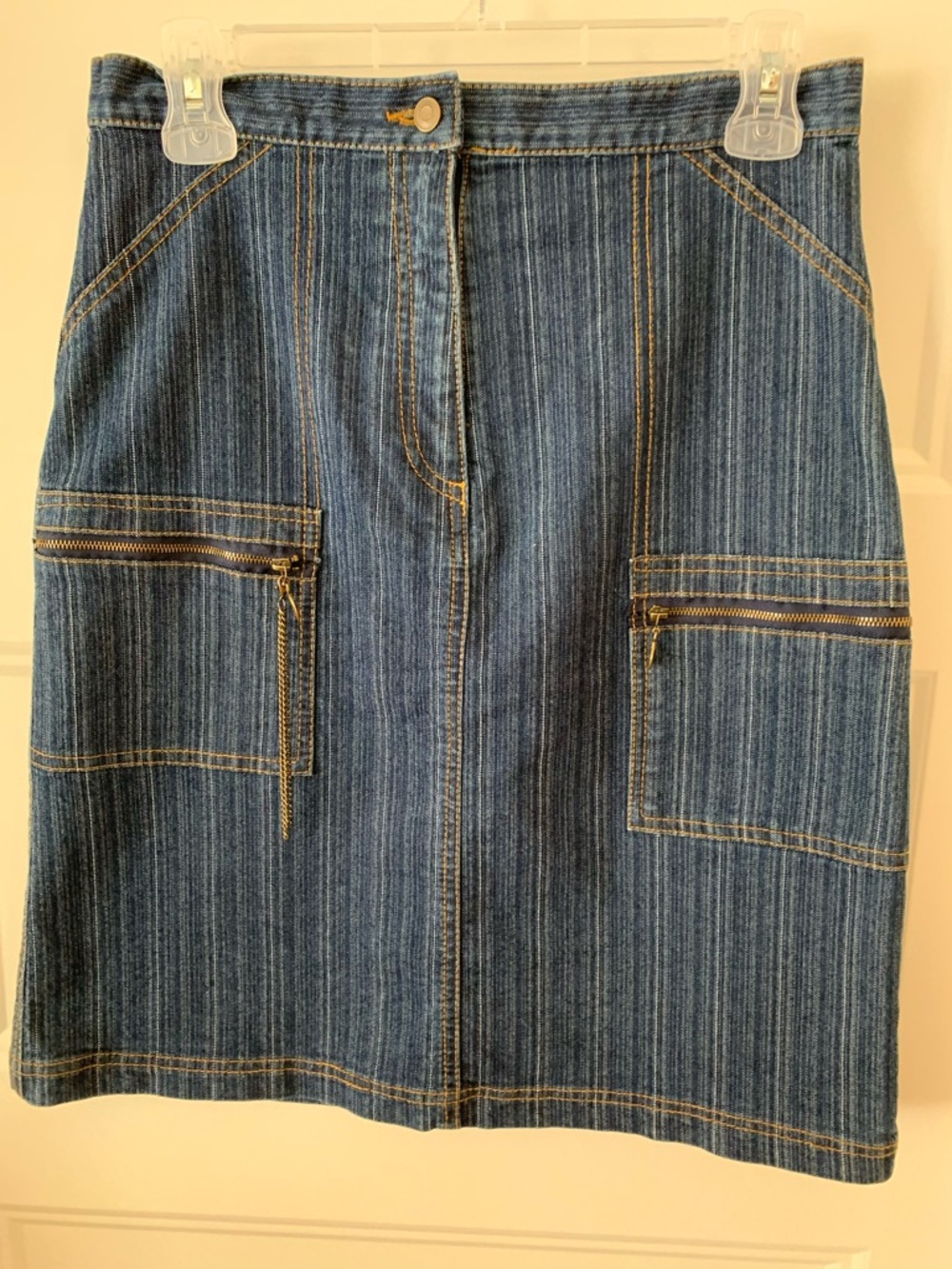 Vintage Blue Striped Denim Midi Skirt with Front Zipper Pockets